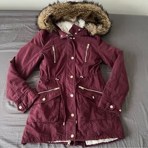 Ever New Faux Fur Lined Jacket Burgundy Gold Accents Size 2 Removable Lining